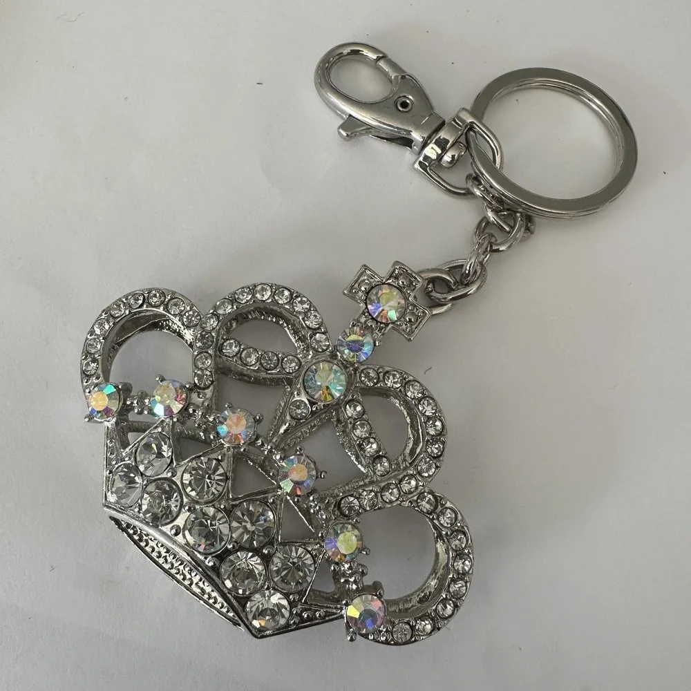 VTG Y2K‎ Silver Tone Crystal Crown Keychain Purse Bag Charm Clip Rhinestone Gem